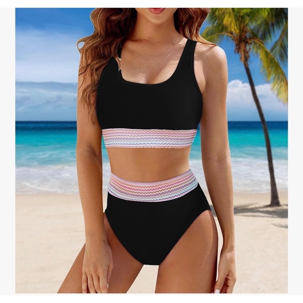 Black High Waisted Bikini Set Chevron‎ Trim Scoop Neck Swimsuit NWT Medium